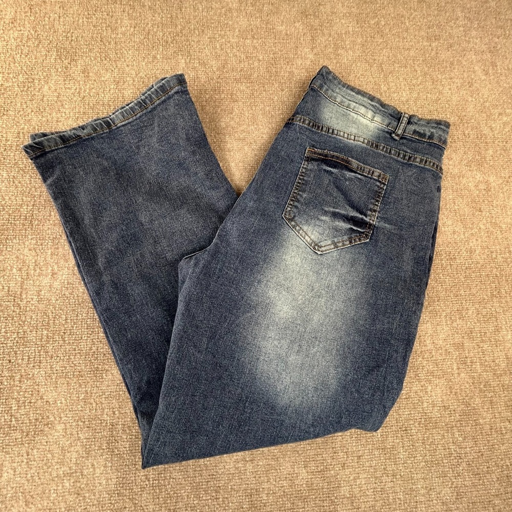 Women's Jeans 3XL Blue Denim Whiskered Medium Wash Ankle Button Straight Leg